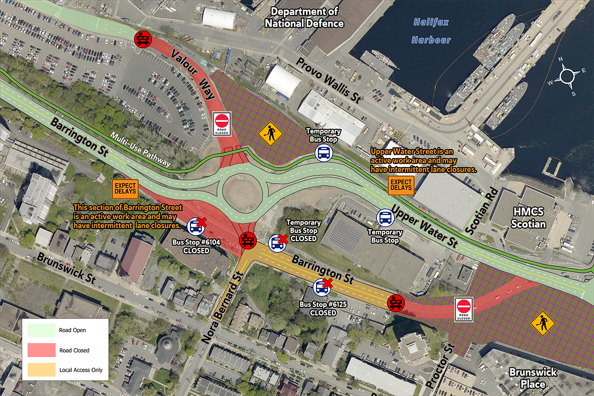 Map showing open and closed bus stops on Barrington St between Nora Bernard St & Upper Water St