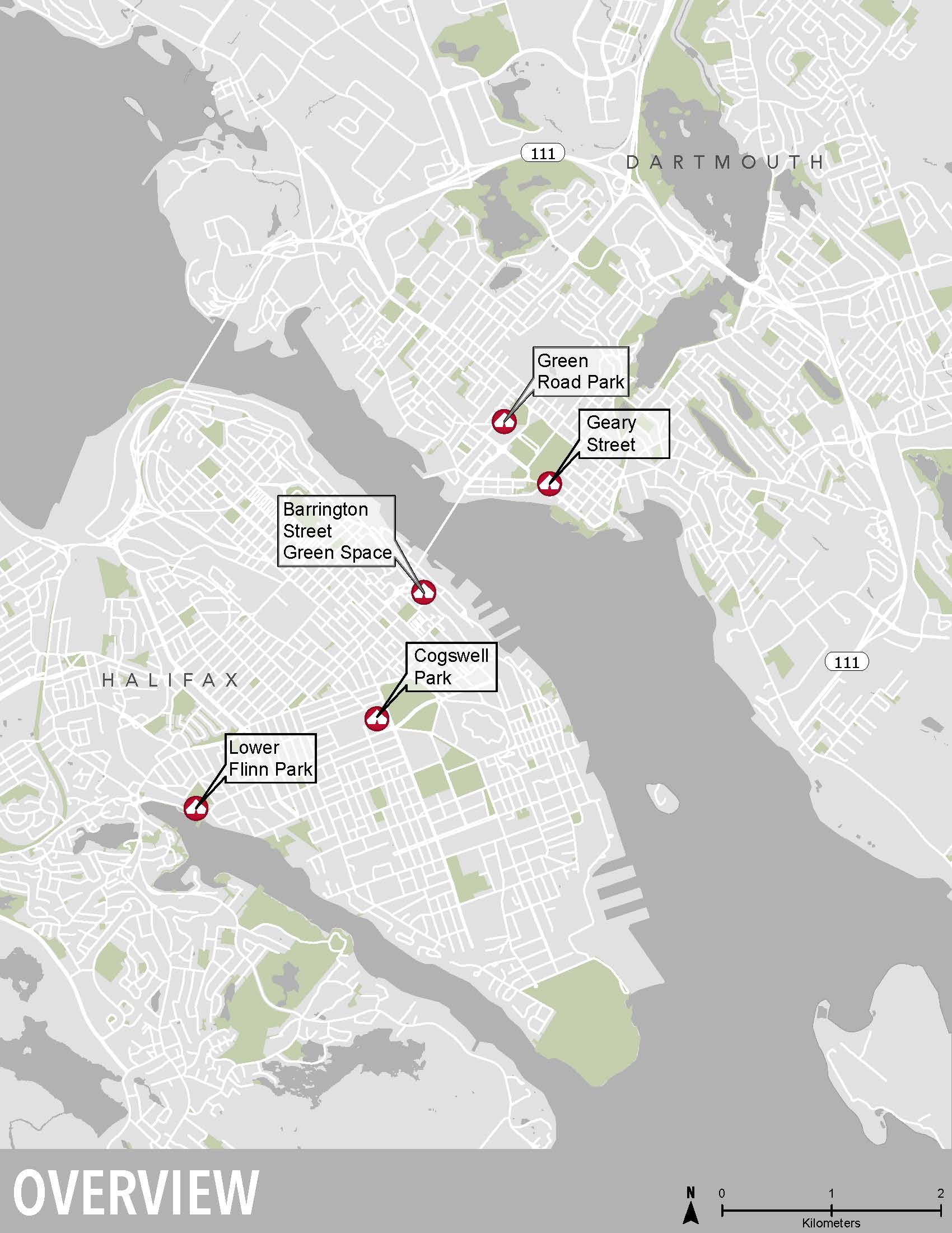 an aerial view of a map outlining the designated locations in the Halifax region for those experiencing homelessless