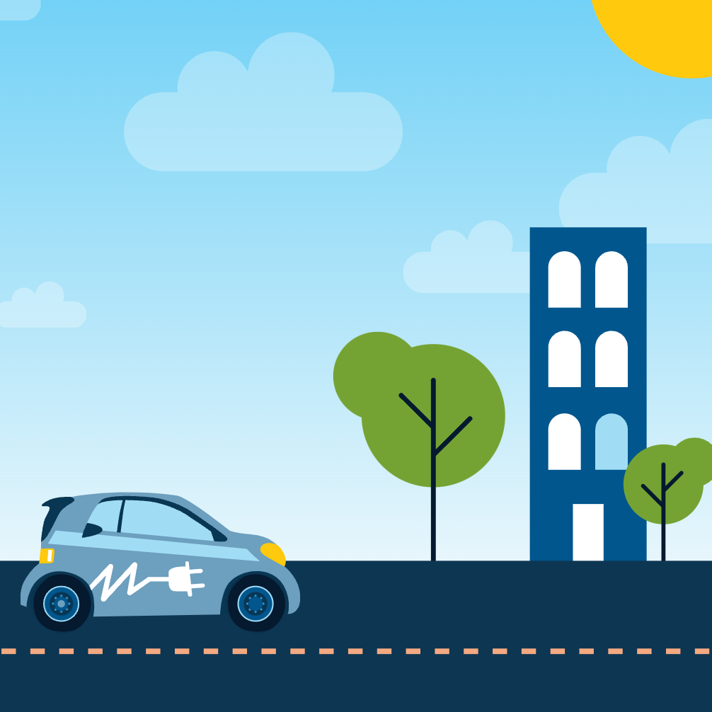 Illustration of an EV, trees and a building.