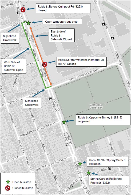 A map showing the opened and closed bus stops near the QEII expansion construction site.