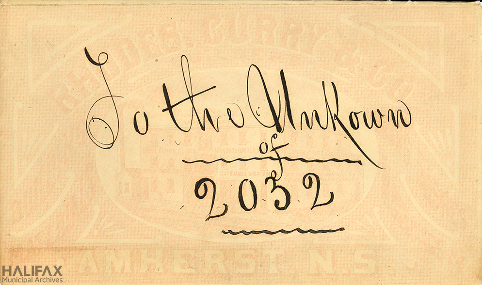 Handwritten envelope "To the Unknown of 2032"