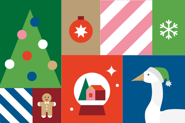 Abstract grid of icons featuring Christmas and Dartmouth themes, including a gingerbread man, snow globe, Dartmouth goose and Christmas tree.