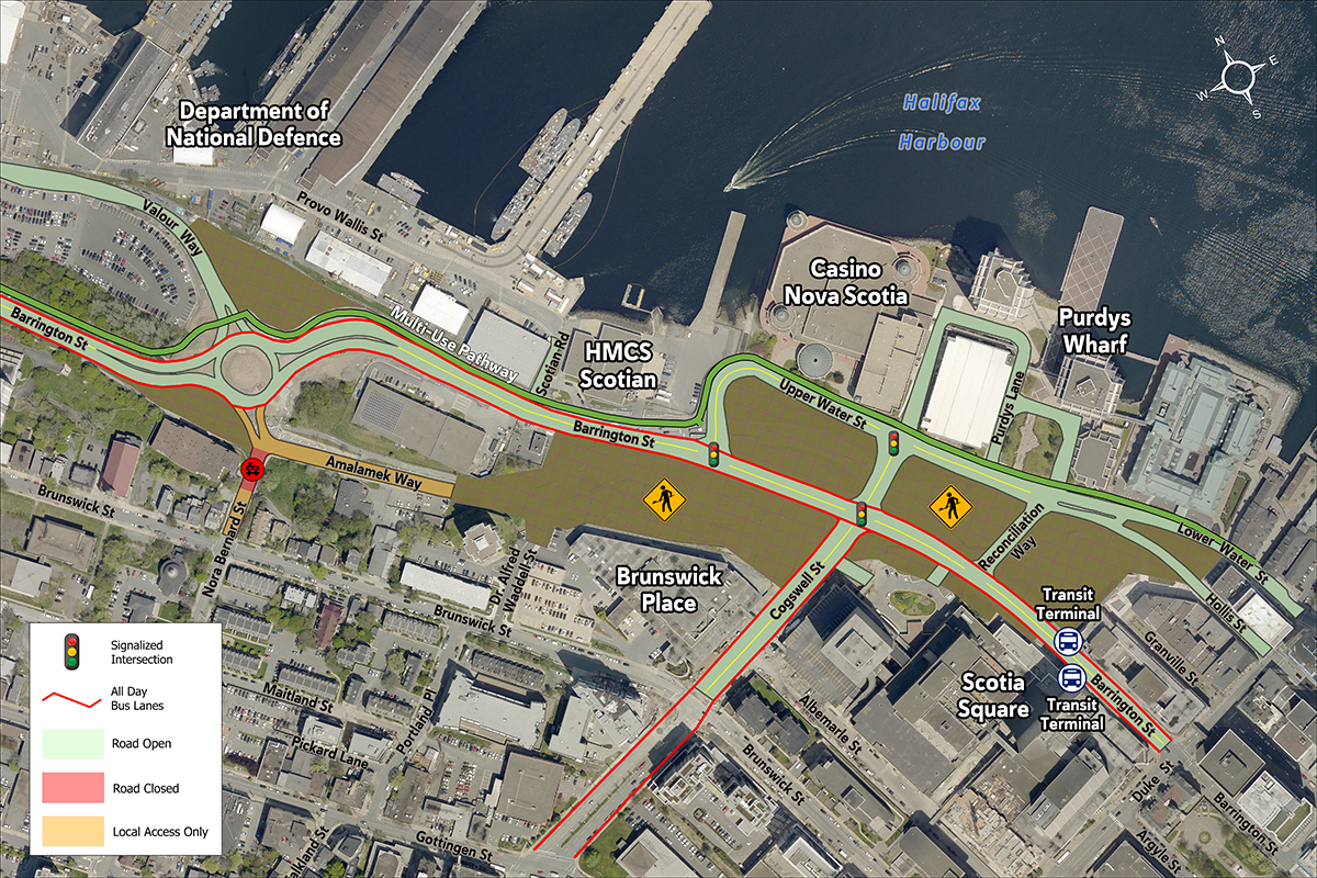 An aerial base map showing which roads are open and closed in the Cogswell District