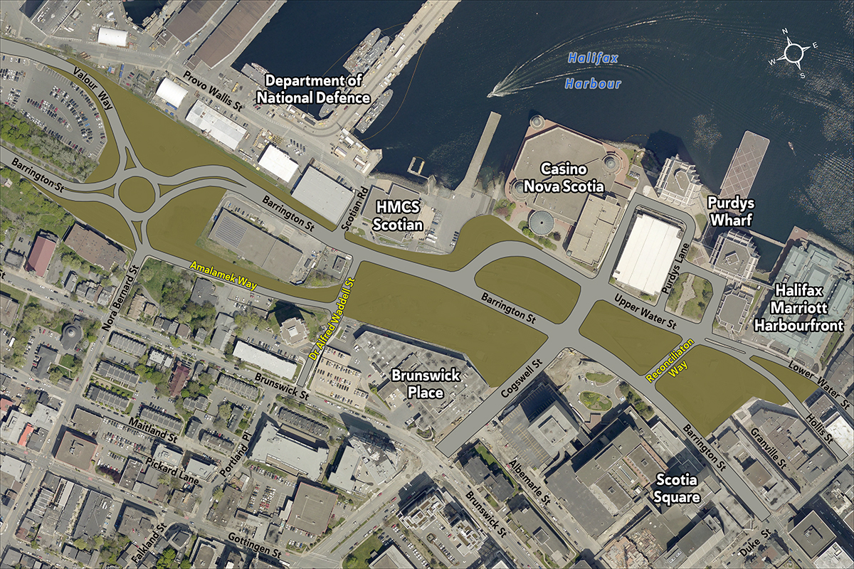 A base map of the Cogswell District showing the three new streets