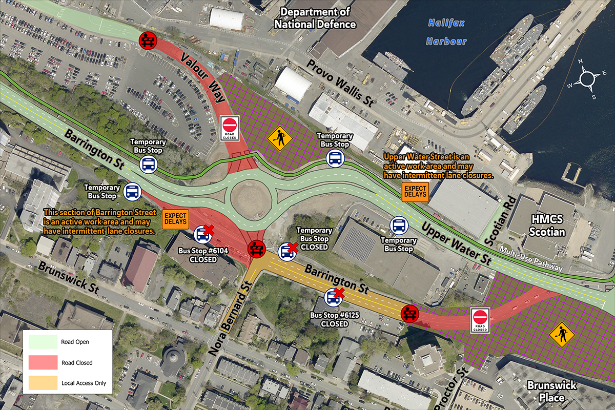 Map showing open, closed, and temporary bus stops on Barrington St between Nora Bernard St & Upper Water St