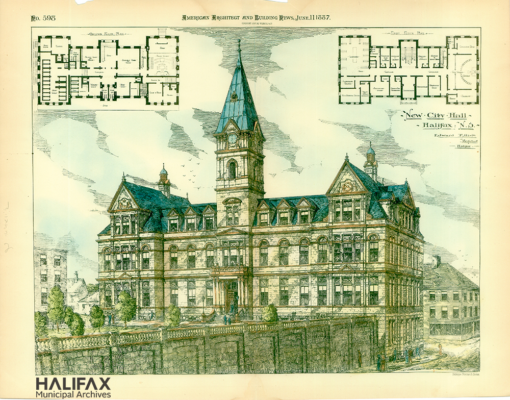 Colour sketch of south elevation of City Hall with inserts of floor plans in upper corners