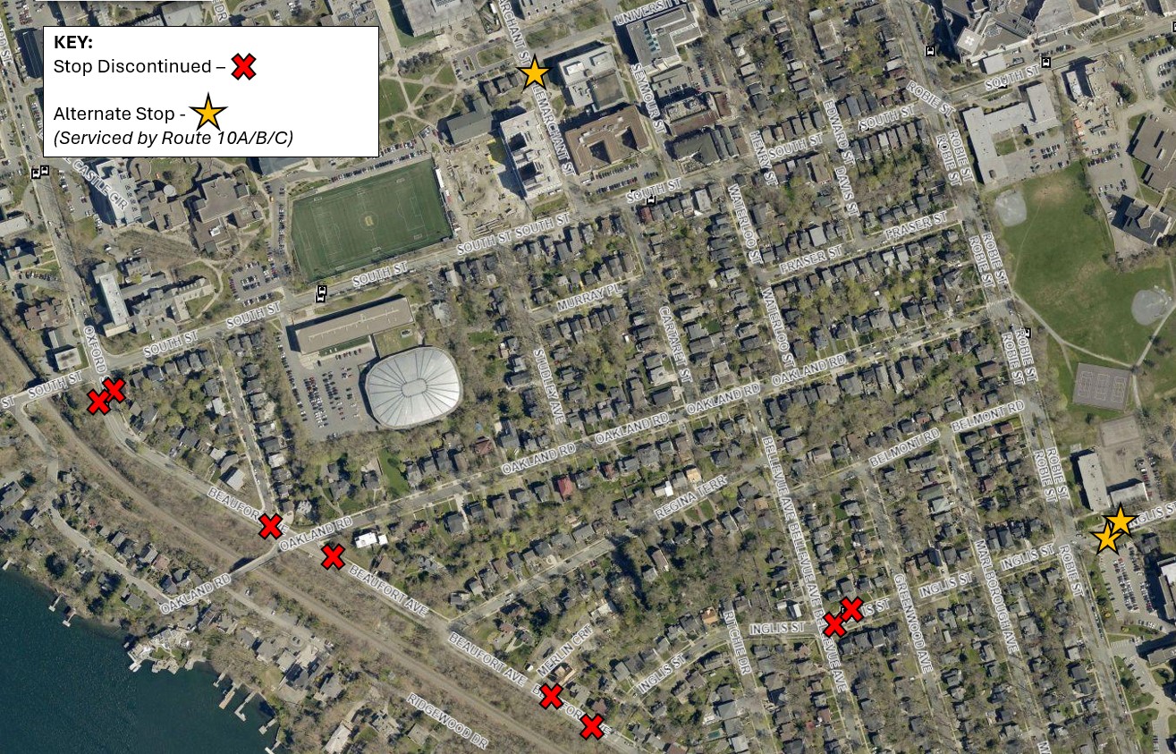 A map showing the locations of the discontinued stops on Beaufort Ave and Inglis St.