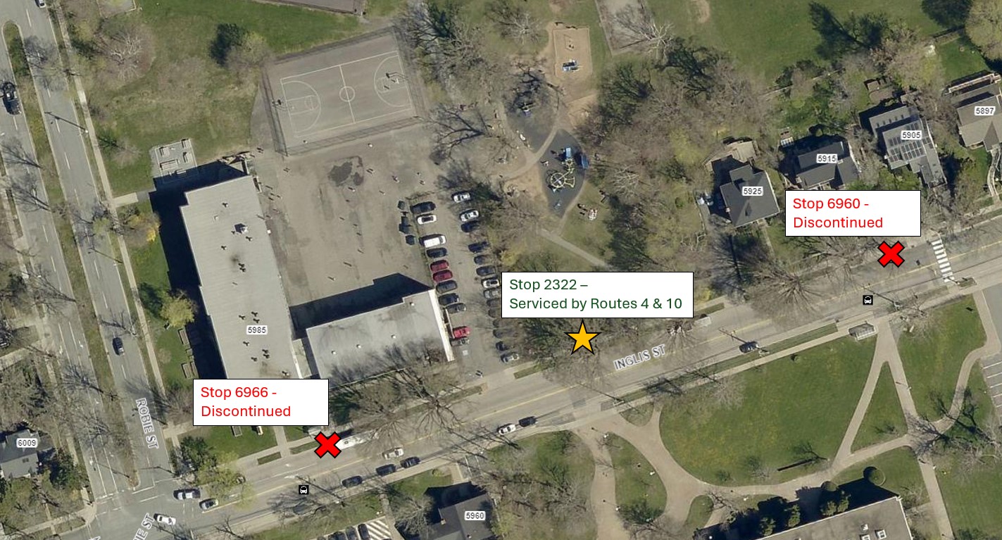 A map showing the locations of discontinued stops 6966 and 6960, and new stop 2322.