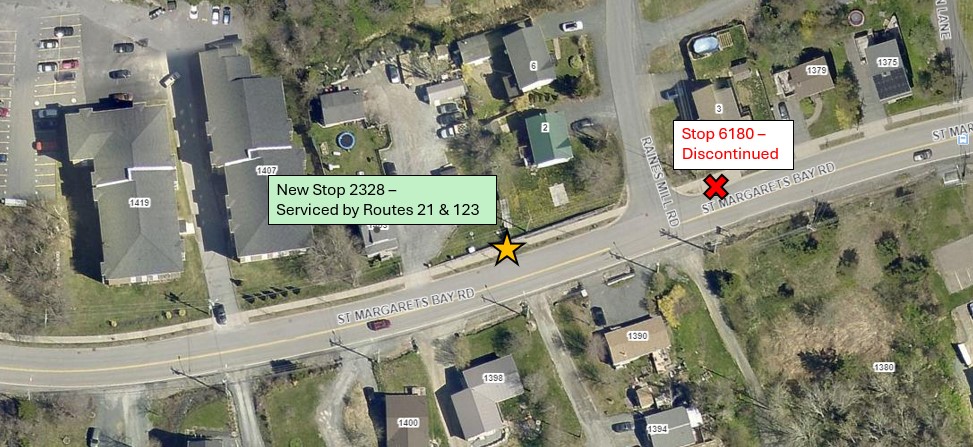 A map showing new stop 2328 and discontinued stop 6180.