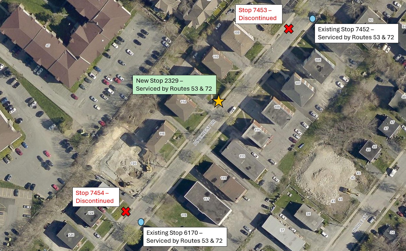 A map showing the locations of discontinued stops 7453 and 7454, and new stop 2329.