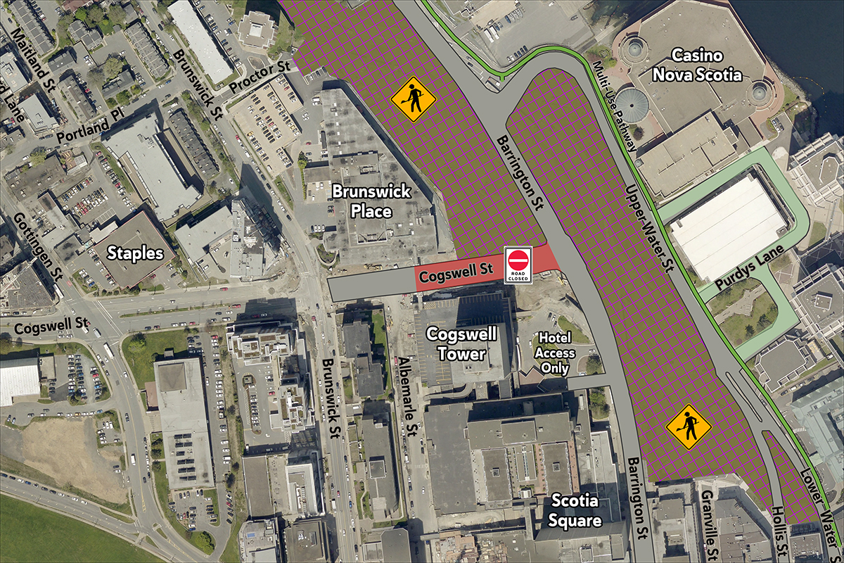 A map showing street closures and openings effective Nov. 25, 2024, in the Cogswell District.