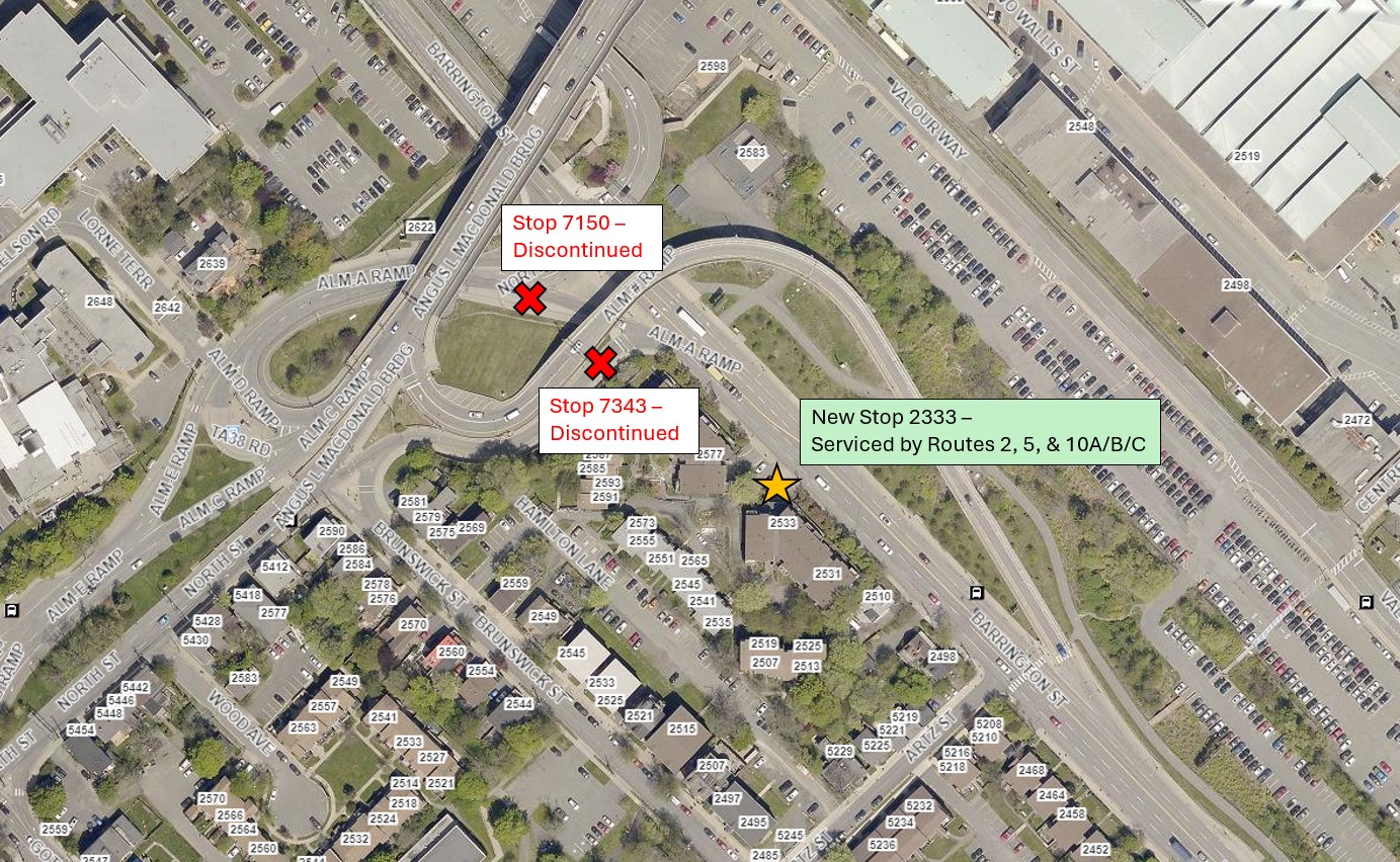 A map showing the locations of discontinued stops 7150 and 7343, and new stop 2333.