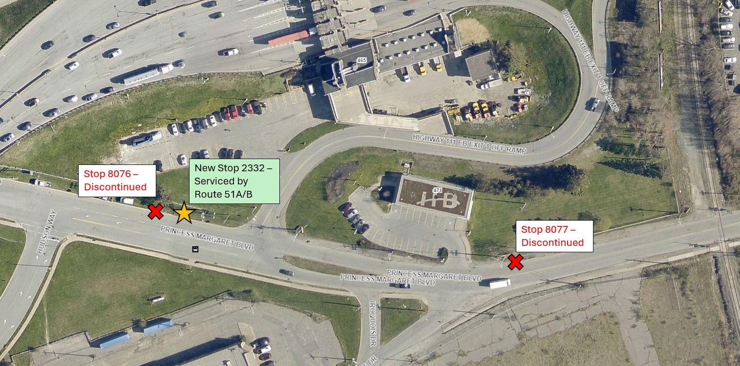 A map showing the locations of discontinued stops 8076 and 8077, and new stop 2332.