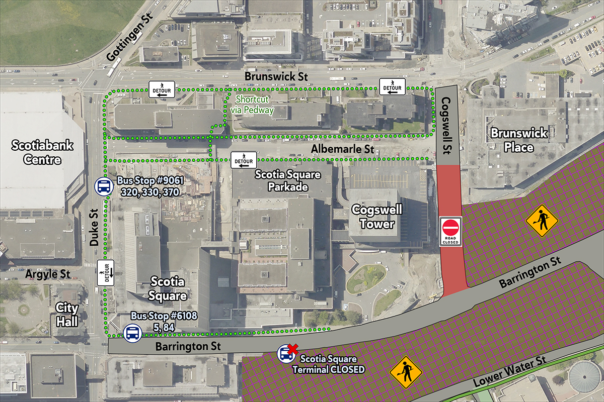  A map of the Scotia Square area with various street closures, street openings, and bus stop impacts