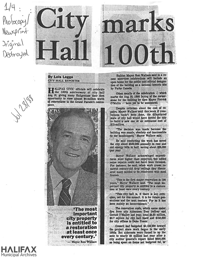 July 1988 article by Lois Legge, City Hall reporter titled City Hall marks 100th