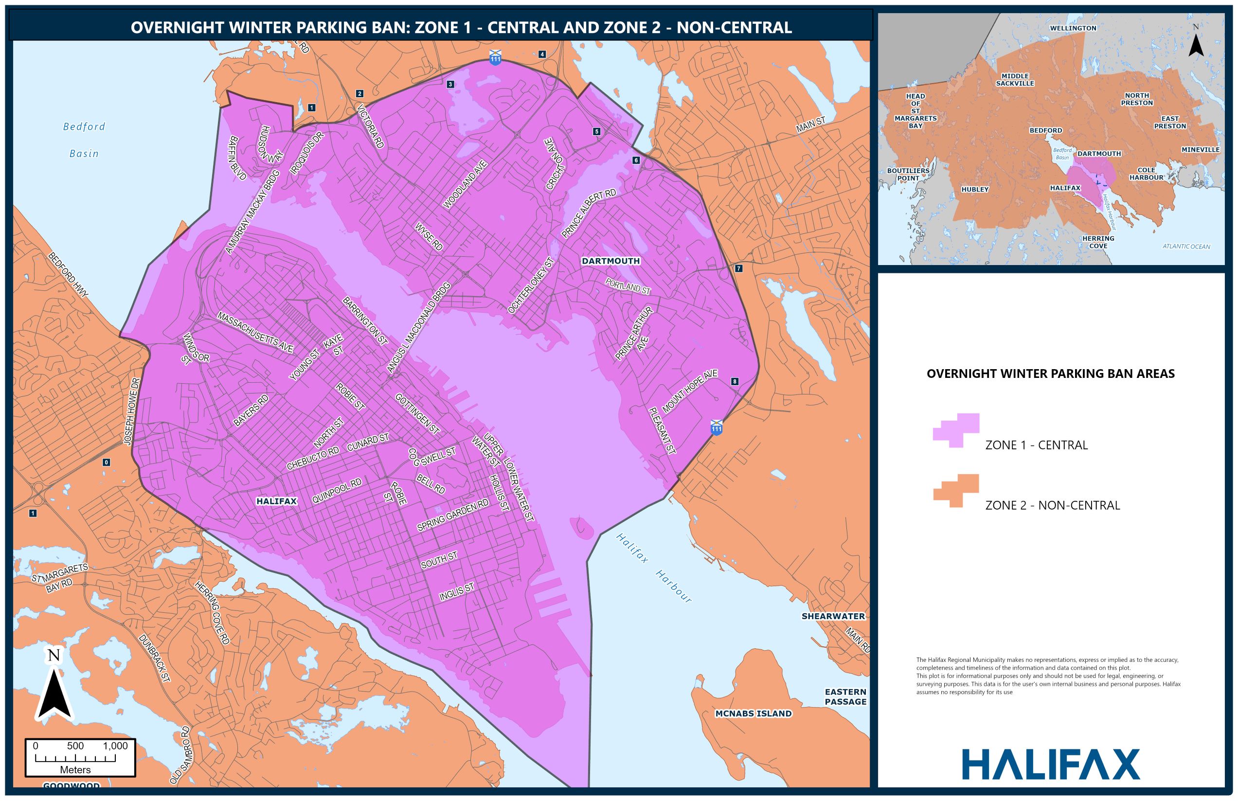 a map indicating downtown Halifax and Dartmouth as zone 1 in purple. The outside of the core area is higlighted as zone 2 in orange