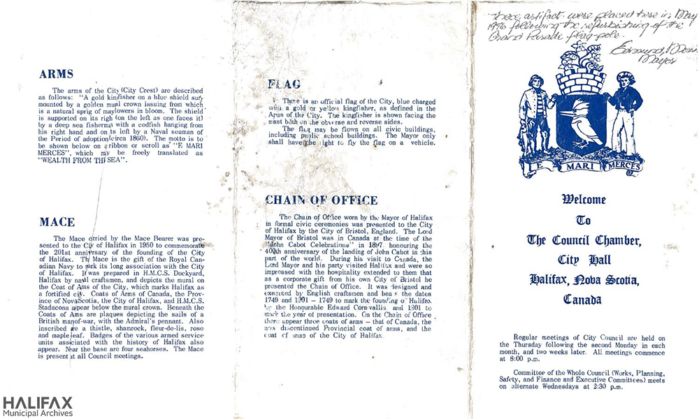 Three-fold brochure with paragraphs on the City of Halifax coat of arms, mace, flag and chain of office