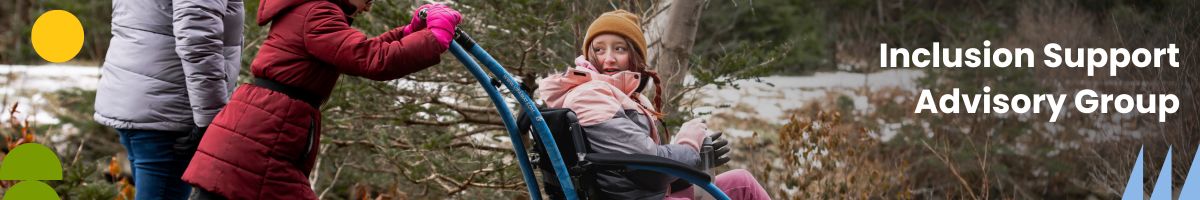 A family using a Hippocampe while enjoying a local outdoor trail. Text reads: Inclusion Support Advisory Group.