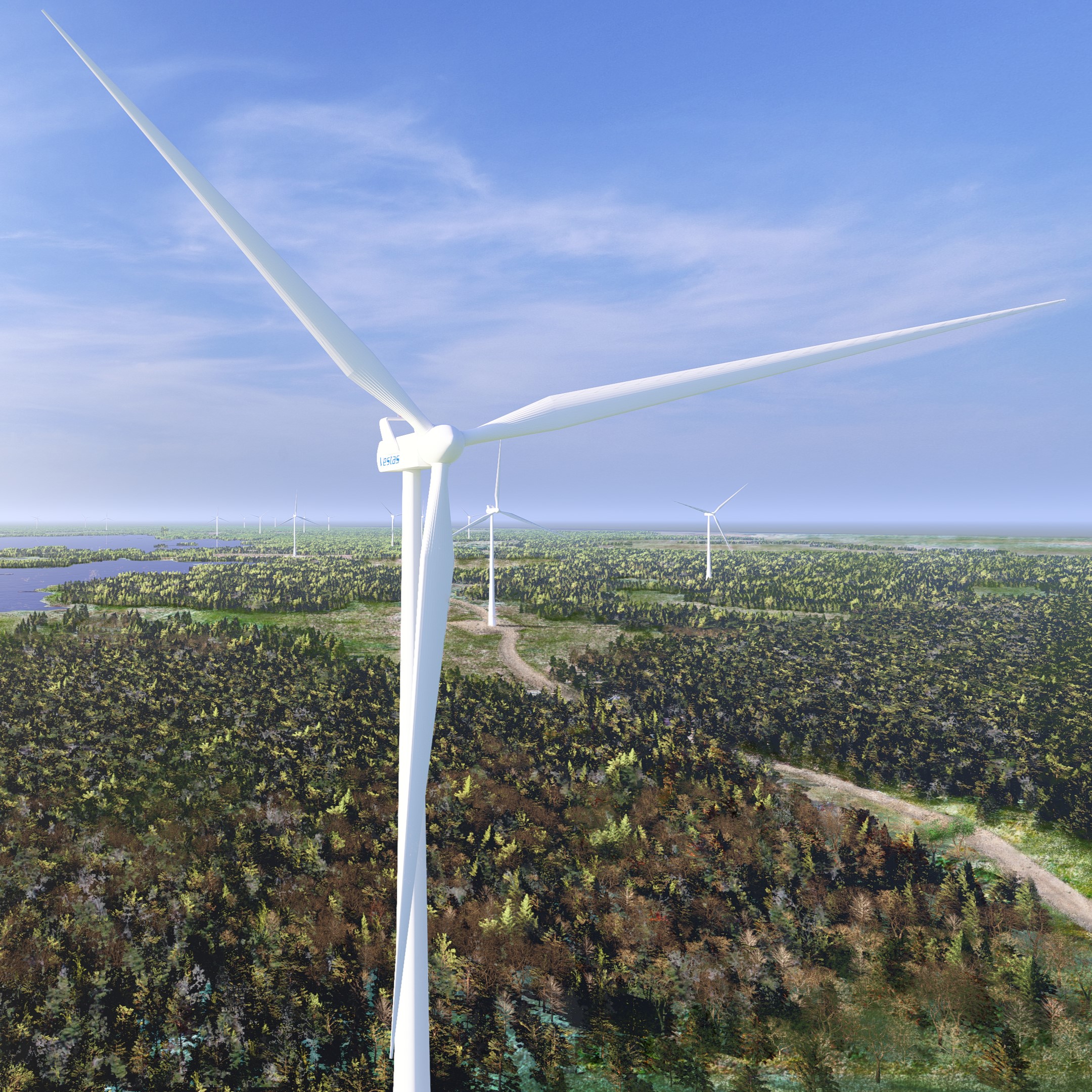 Wind turbine over a green field with blue skies in background.