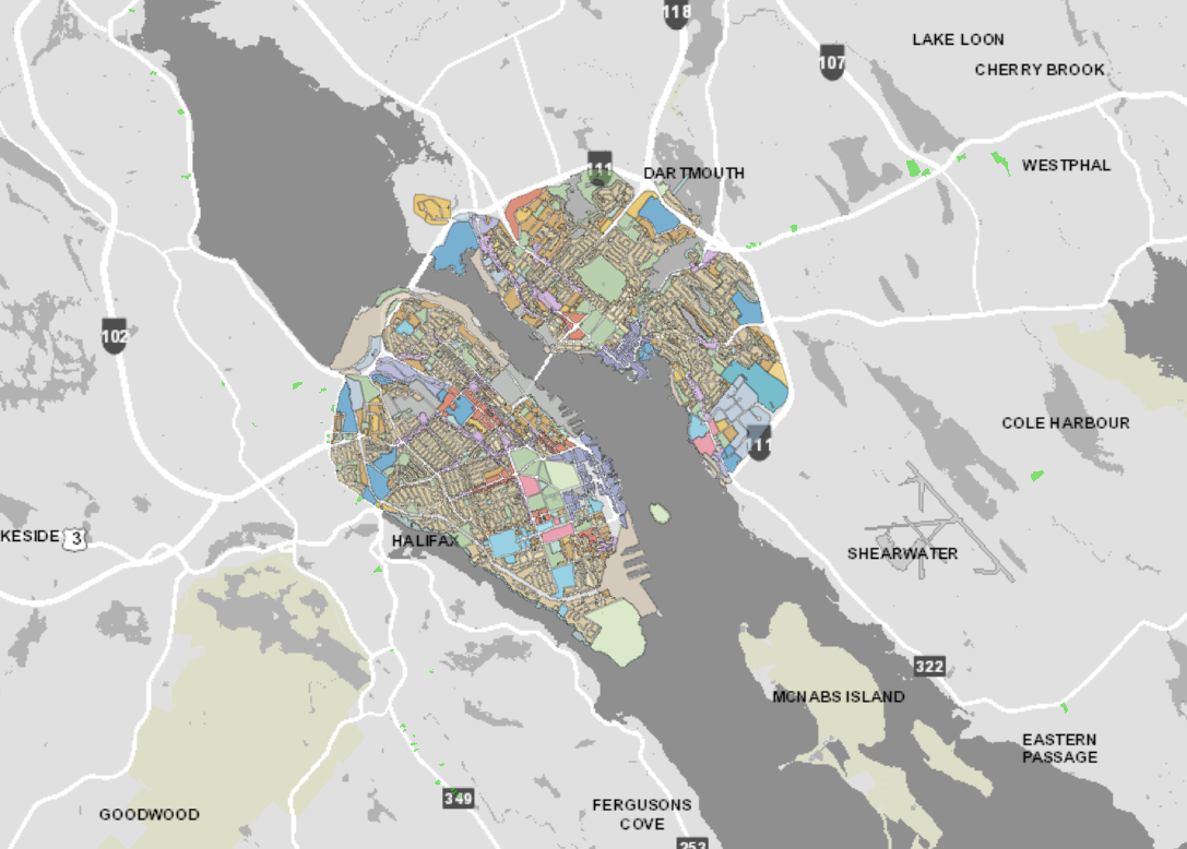 Map of the Halifax Peninsula and Dartmouth area.