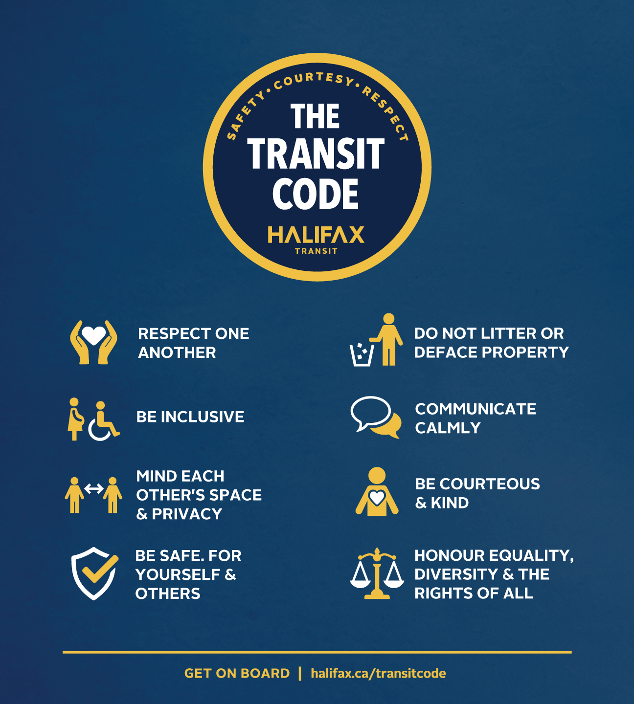 A poster of the Transit Code 8 Principles and their corresponding icons. 1) Respect One Another, 2) Be Inclusive, 3) Mind Each Other's Space & Privacy, 4) Be Safe. For Yourself & Others, 5) Do Not Litter or Deface Property, 6) Communicate Calmly, 7) Be Courteous & Kind, 8) Honour Equality, Diversity, & the Rights of All