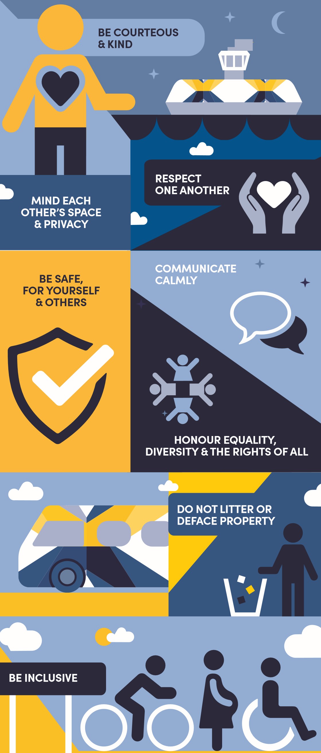 A graphic outlining the 8 principles of the transit code, each represented with a cartoon icon.