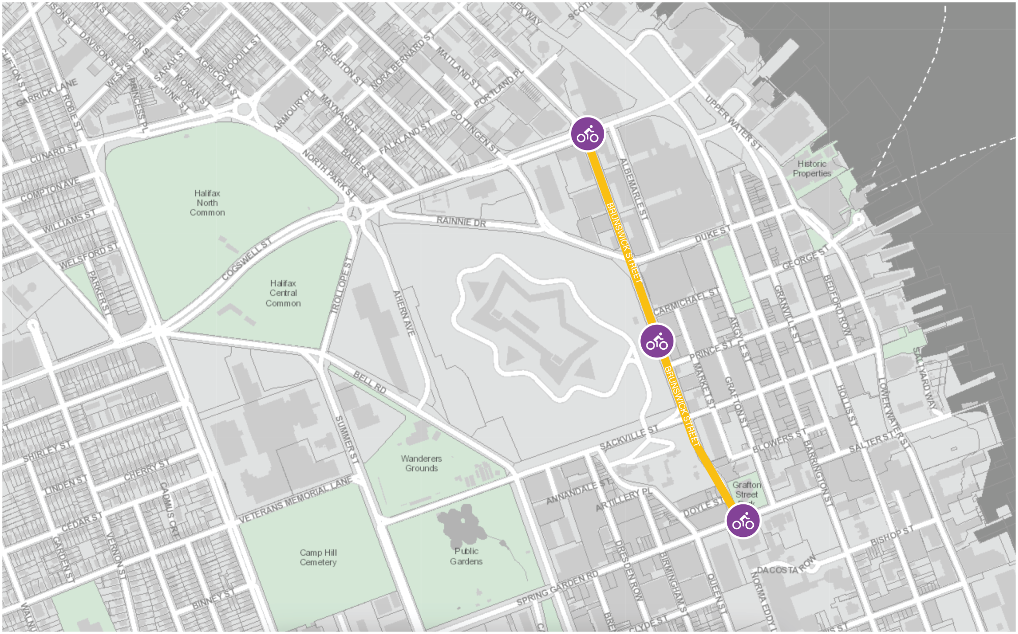 Map of Brunswick Street in downtown Halifax, highlighting a bike lane project from Cogswell Street to Spring Garden Road.