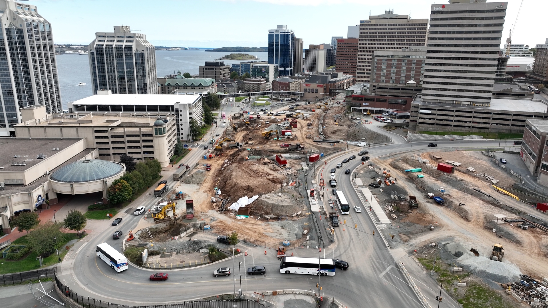 An aerial view of the Cogswell District, facing south. Construction is underway. 