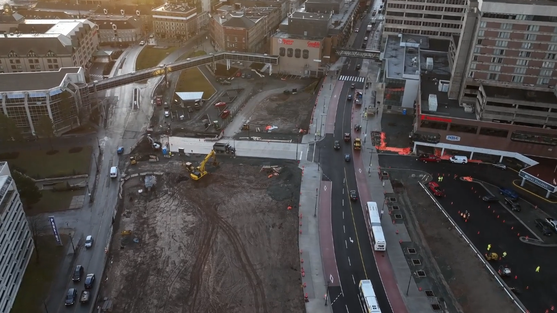 An aerial view of the Cogswell District, facing south