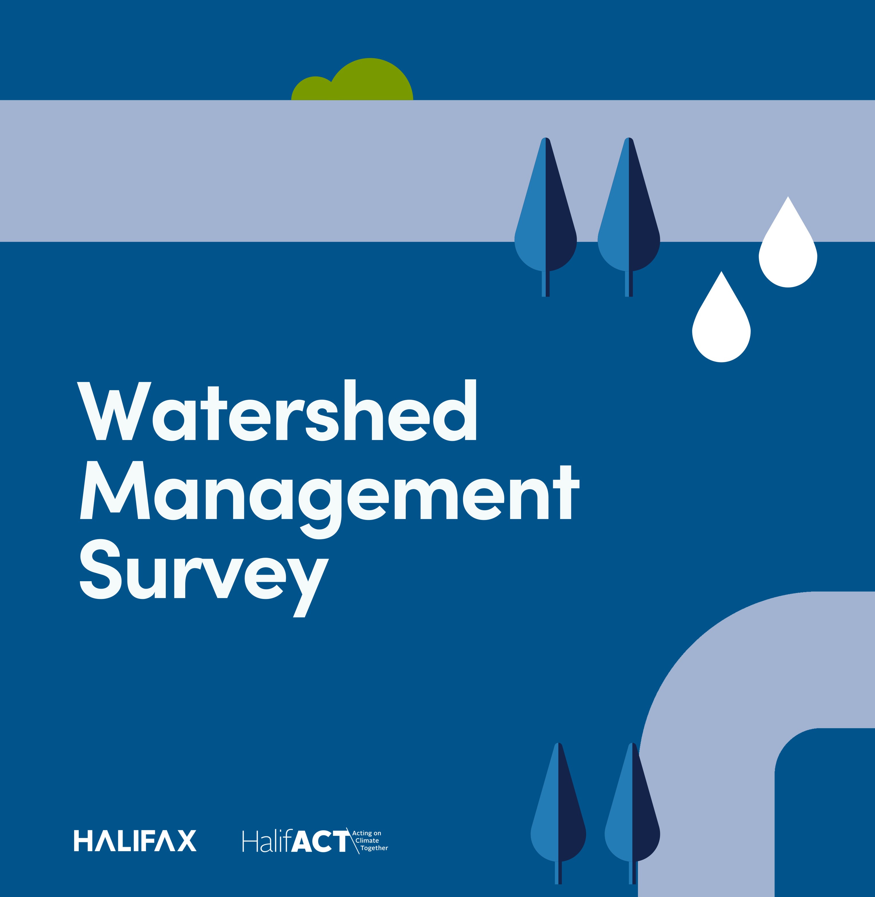 Blue graphic with abstract trees, raindrops and rivers. Text reads 'watershed management survey.'