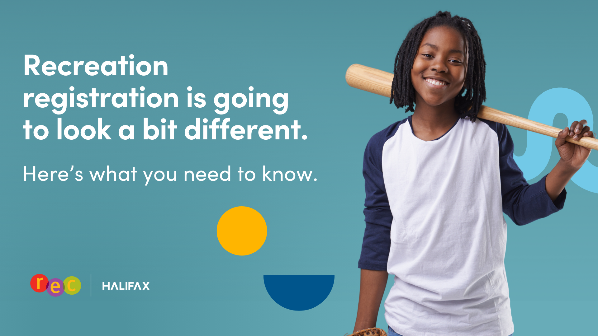 A photo of a child ready to play baseball with the follow text: Recreation registration is changing, here's what you need to know".  