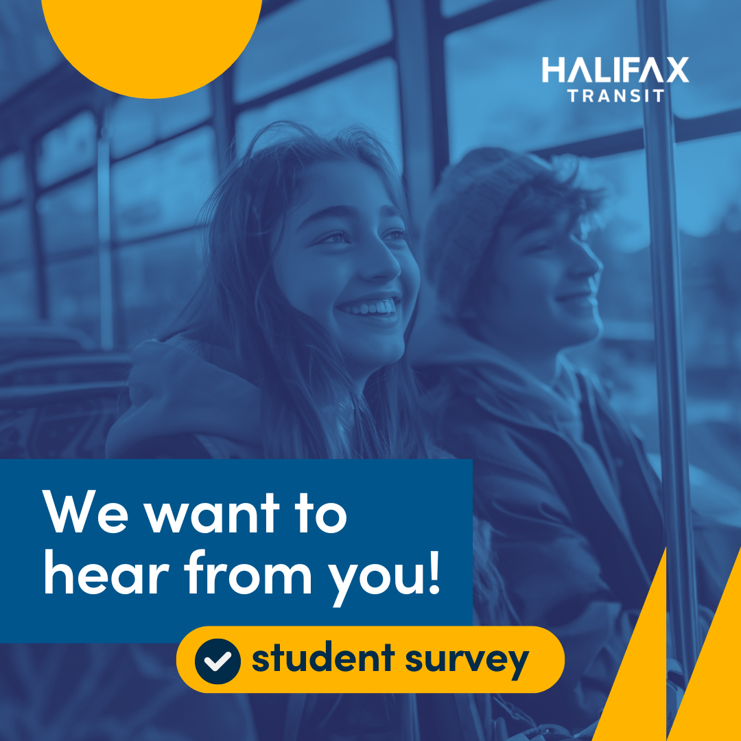 Kids on a bus with text overlayed reading "We want to hear from you!"