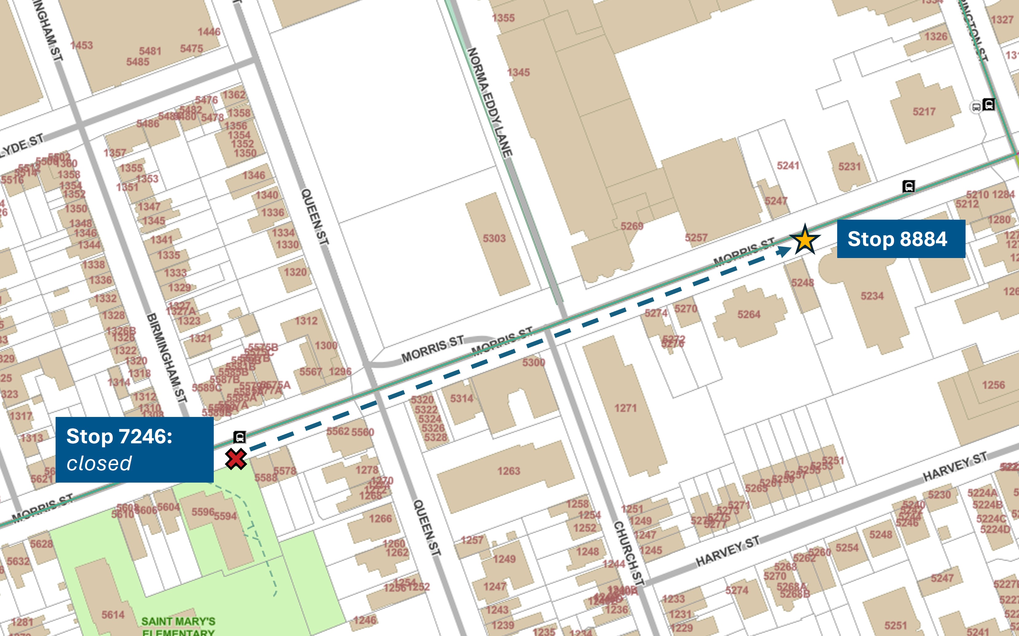 A map directing passengers to the temporary replacement stop.