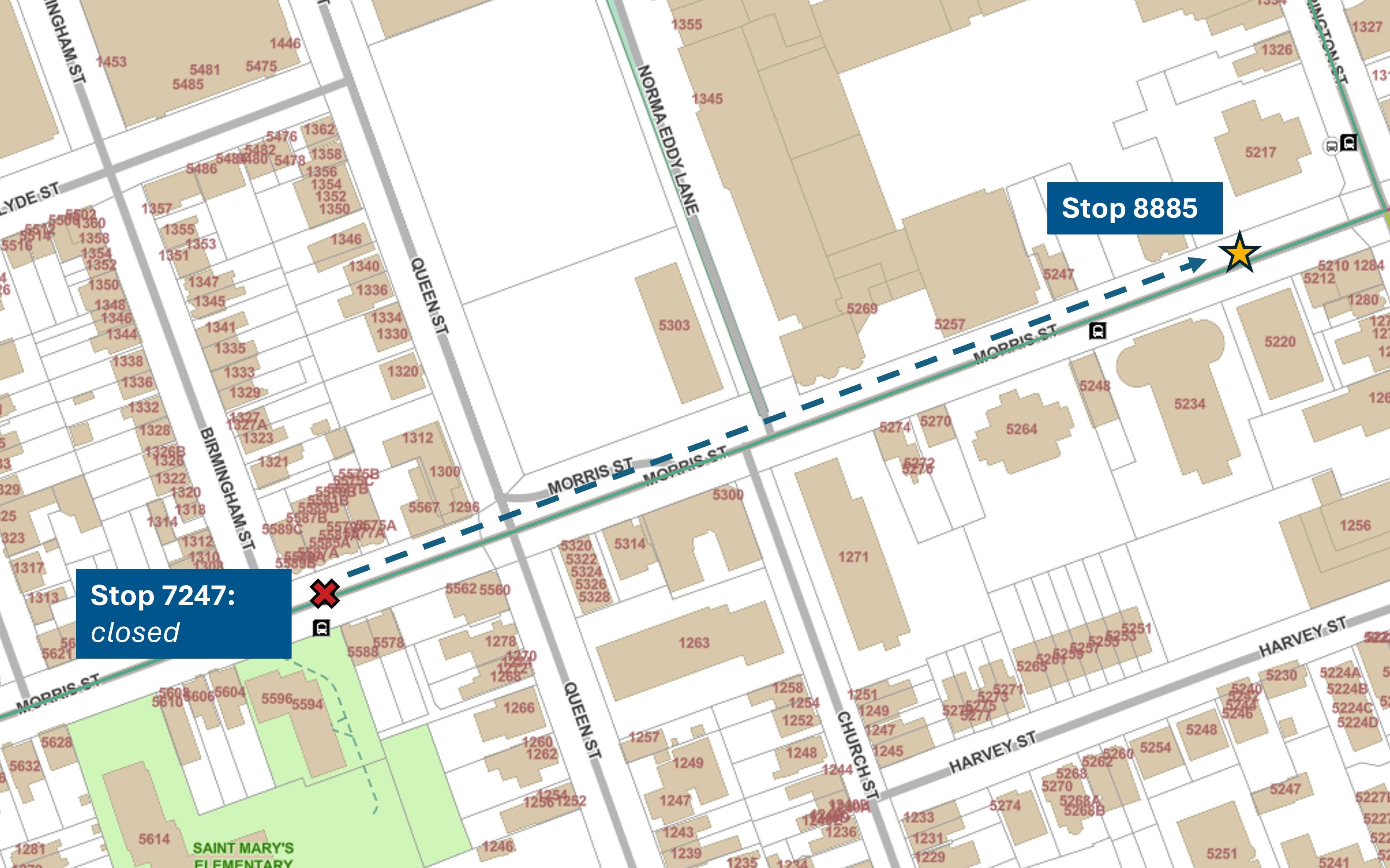 A map directing passengers to the temporary replacement stop.