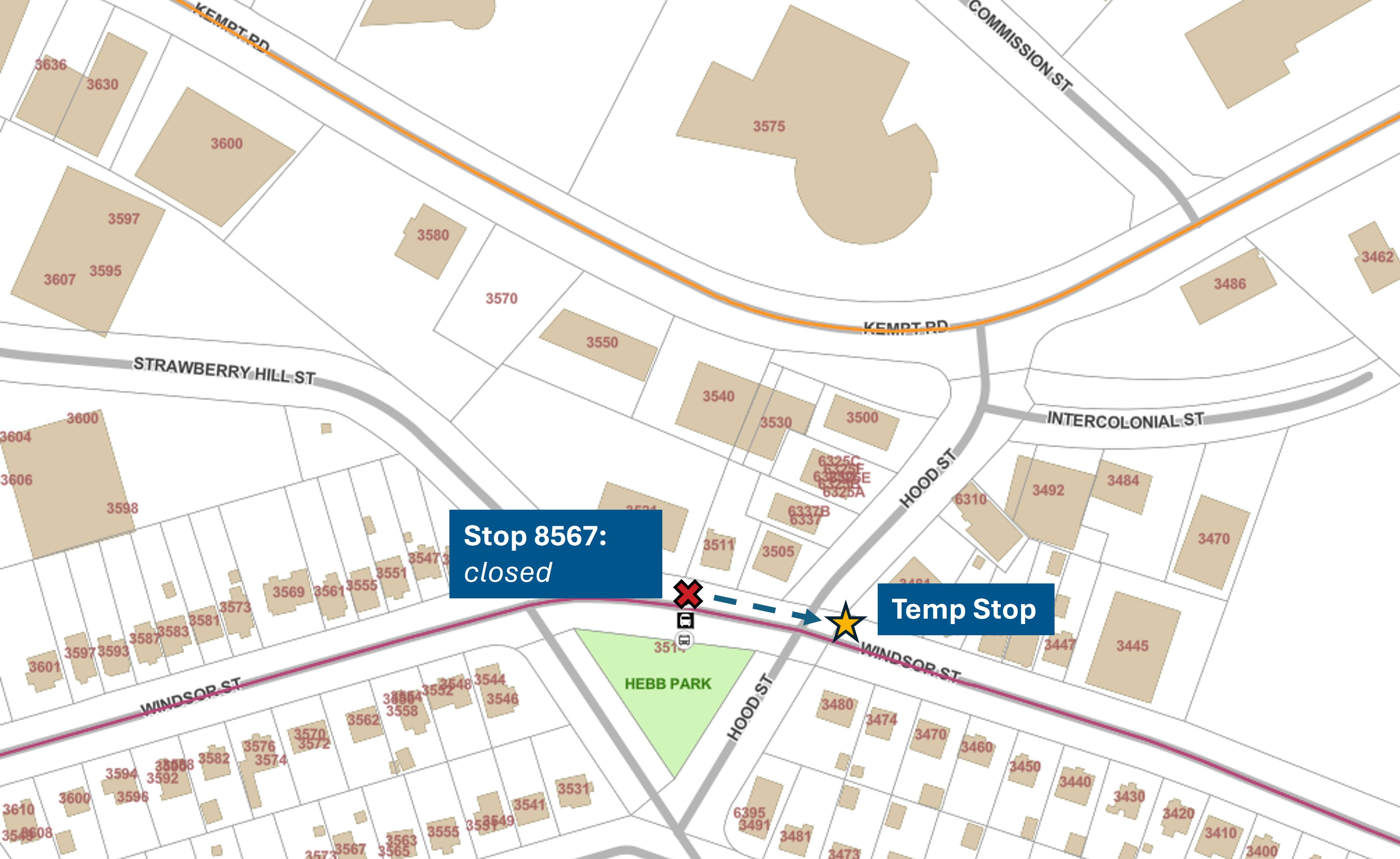 A map directing passengers to the temporary replacement stop.