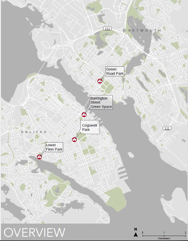 Alt text: An overview map of the designated outdoor sheltering locations.