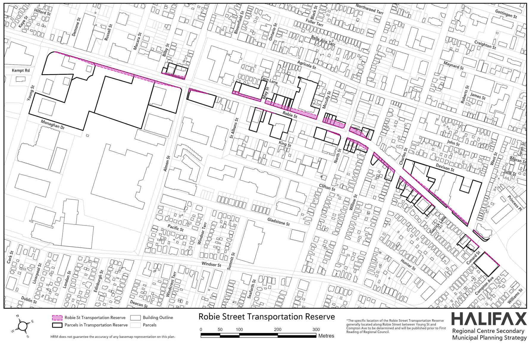 Map showing the proposed Robie Street Transportation Reserve in Halifax, highlighted in pink along Robie Street from Young Street to Cunard Street. Key parcels within the reserve are outlined. Part of the Regional Centre Secondary Municipal Planning Strategy.