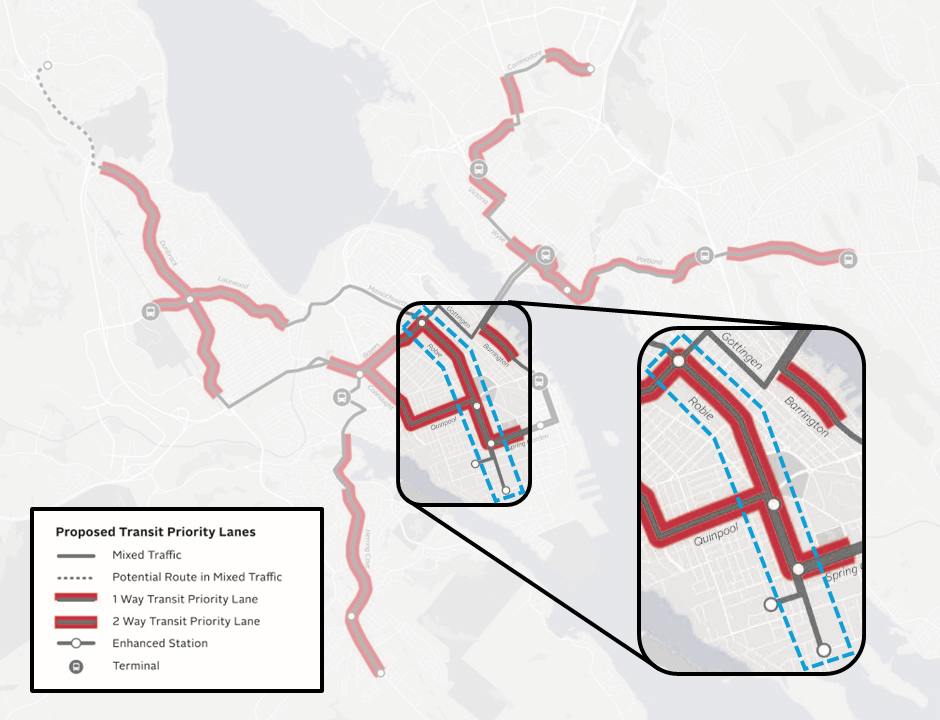 A map showing the proposed transit priority lanes throughout the urban core of the Halifax Region, with the Robie Street section highlighted and magnified to show the area related to this project on Robie Street between Young Street and Inglis Street