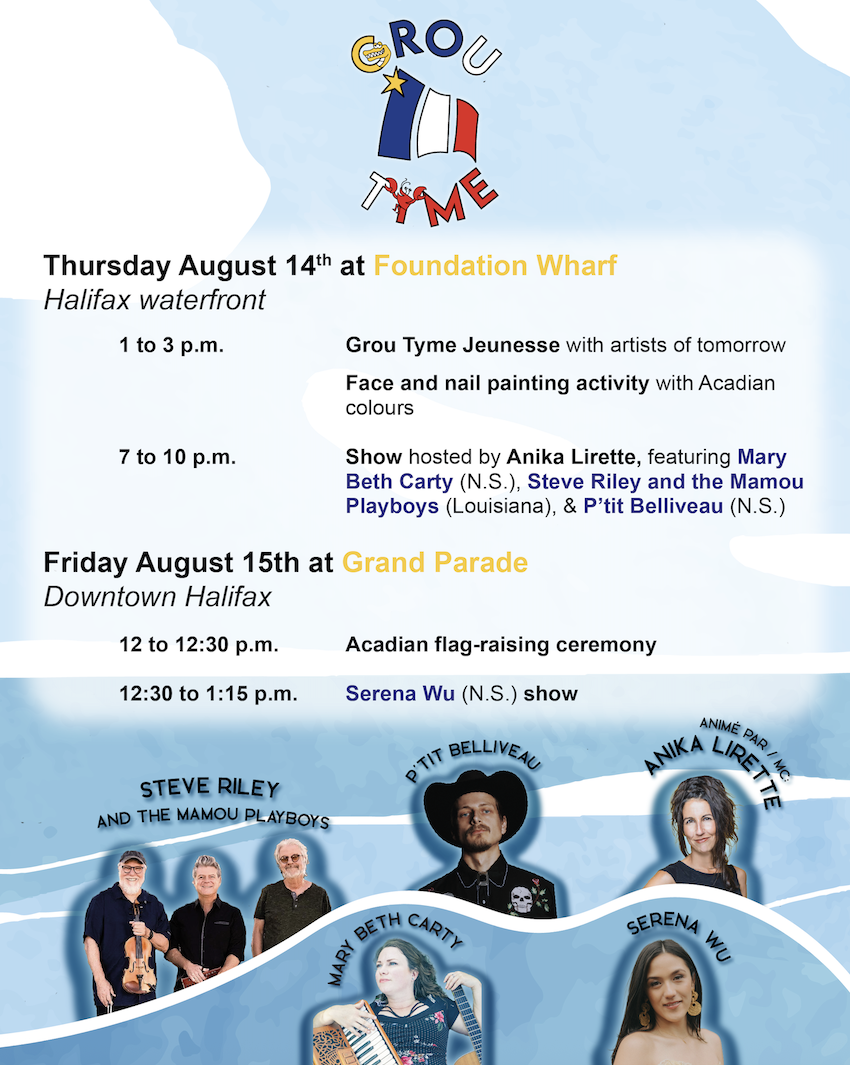 poster with Acadian colours, Acadian artist pictures and the program for 2025 Grou Tyme festival