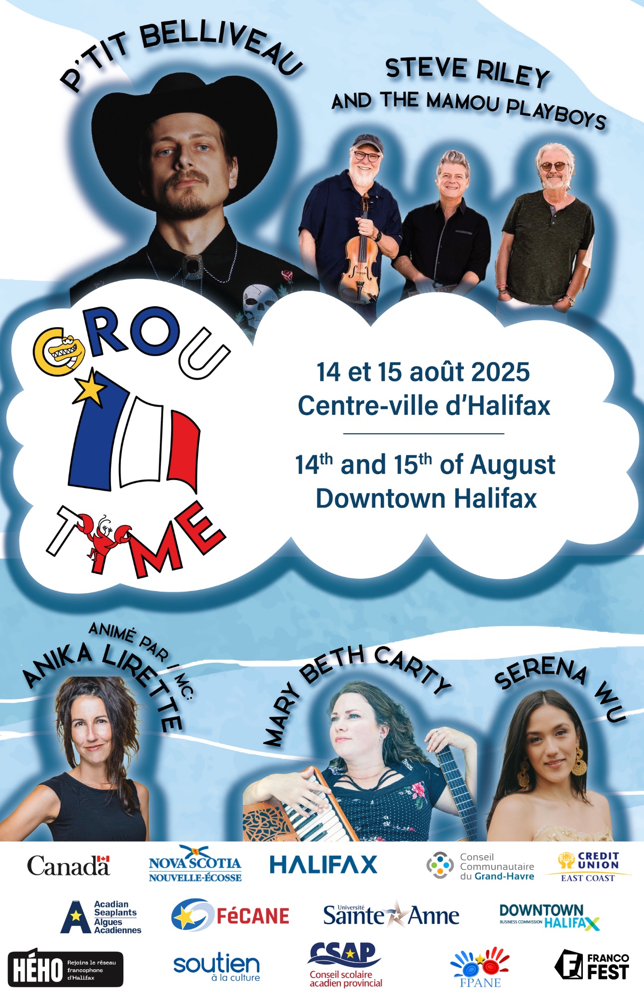 Poster with Acadian colours, Acadian artist images, saying Grou Tyme