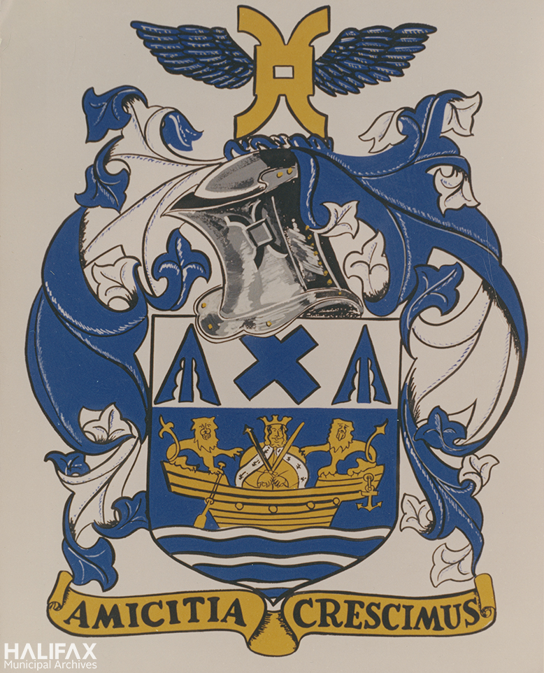 Blue and yellow crest with black borders and text on a beige background.