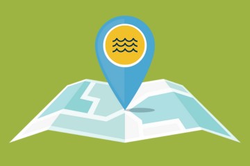 Green background with map illustration. A location icon including water sign floats above the map.