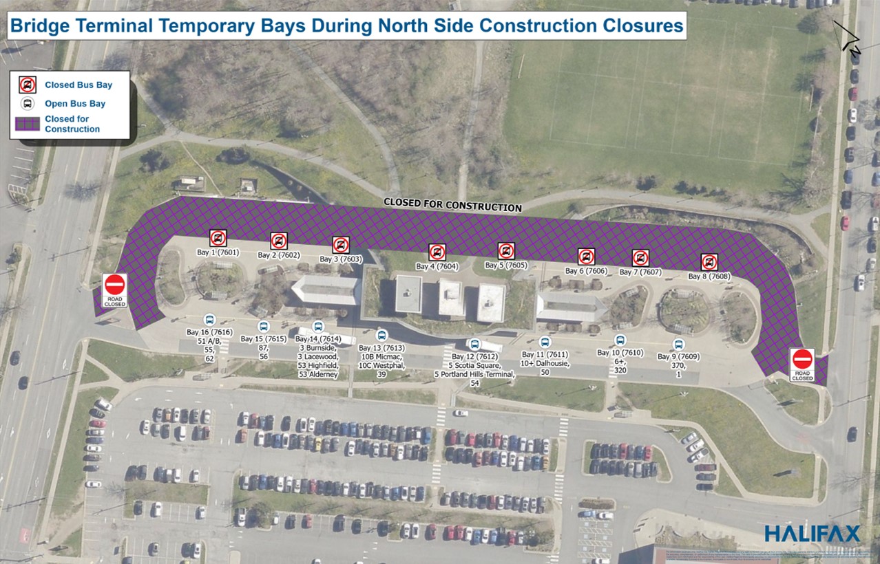 A map of the Halifax Transit bridge terminal showing the closures of Bays 1-8 during the bus loop repaving on August 17. The impacted area has been shaded in.