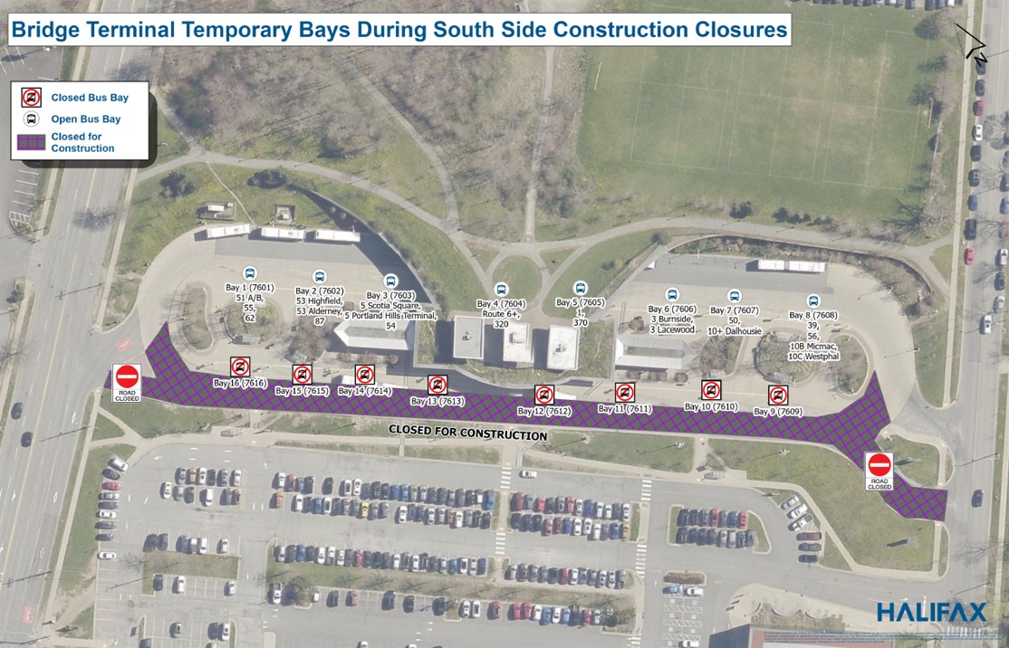 A map of the Halifax Transit bridge terminal showing the closures of Bays 9-16 during the bus loop repaving on August 15 and 16. The impacted area has been shaded in.