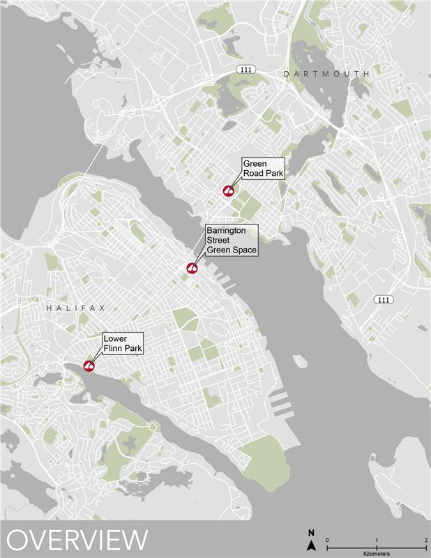 An aerial map showing the designated locations in HRM