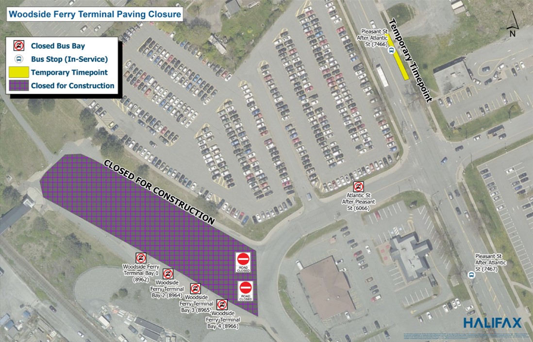 A map of Woodside Ferry Terminal during the bus loop repaving from August 15 to August 18. The impacted area has been shaded in.