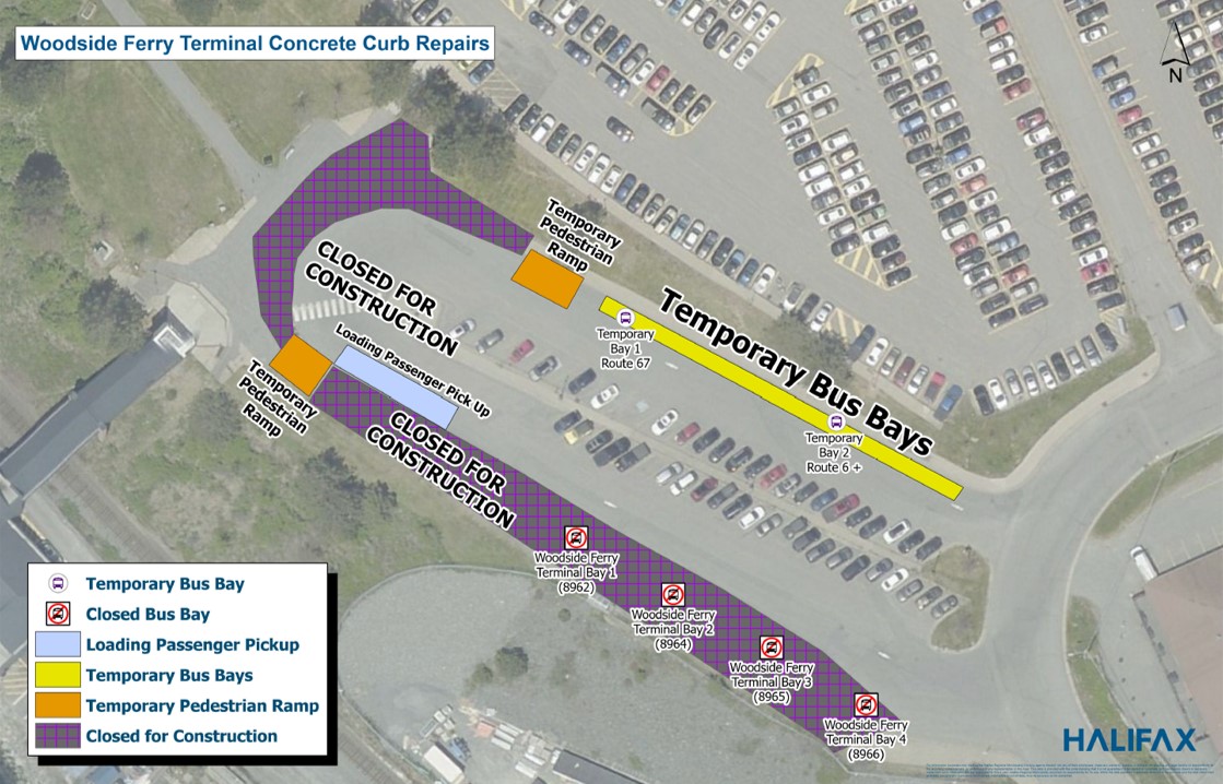 An overview of the construction at Woodside Ferry Terminal showing the closed bus bays and the temporary bus bays located on the north side of the terminal.