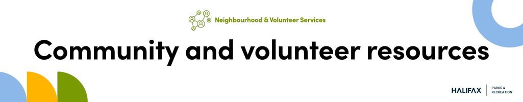 Community and volunteer resources in green font, surrounded by bright, geometric shapes on a white background.
