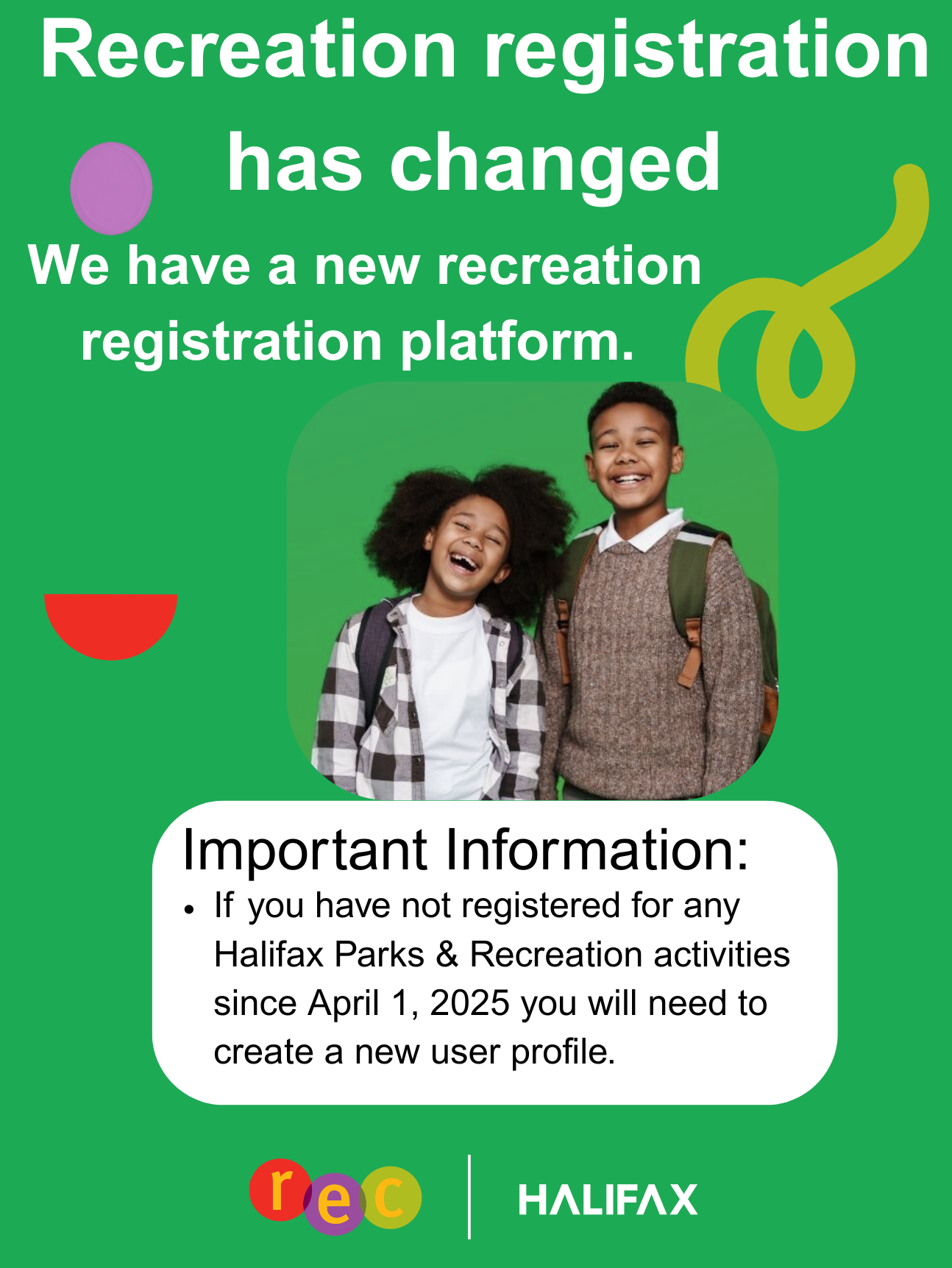 two children in fall clothes with a green background. "Recreation registration has changed. Fall registration is ongoing. If you have not registered since April 1, 2025 you may need to create a new account"