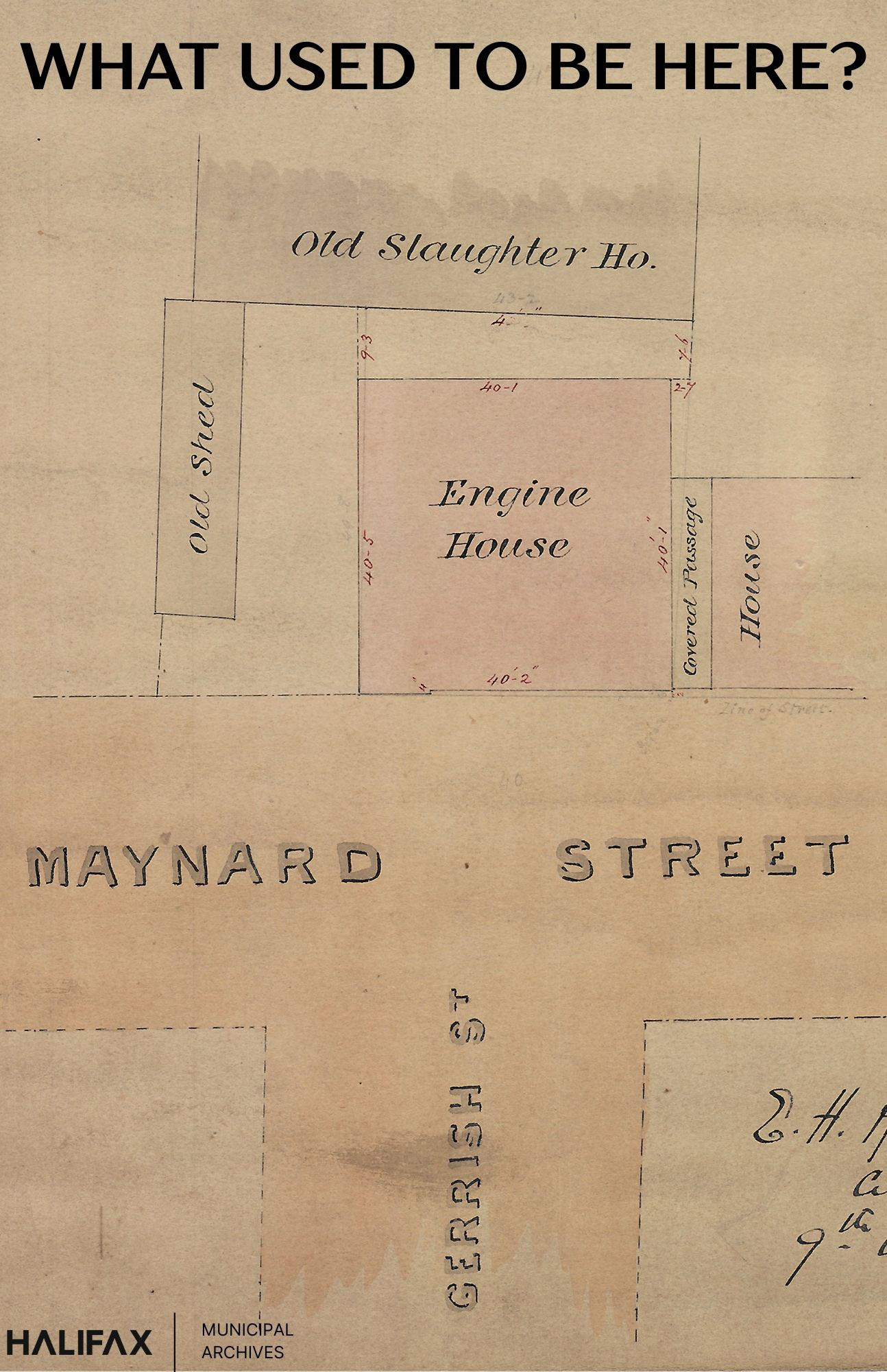 colour map showing the location of buildings on Maynard and Gerrish Streets